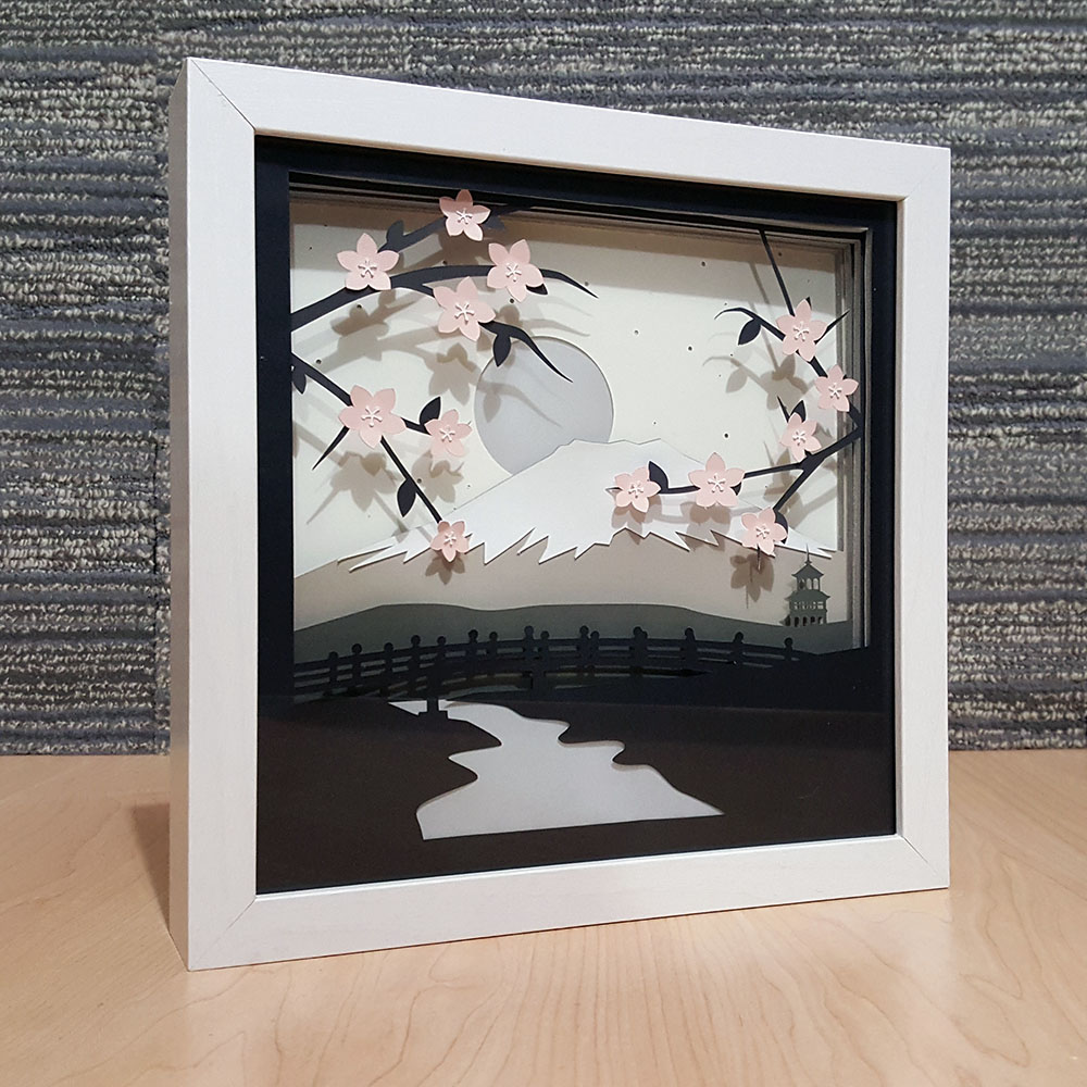 Mt Fuji Japanese Cherry Blossom Paper Cut Light Box Art